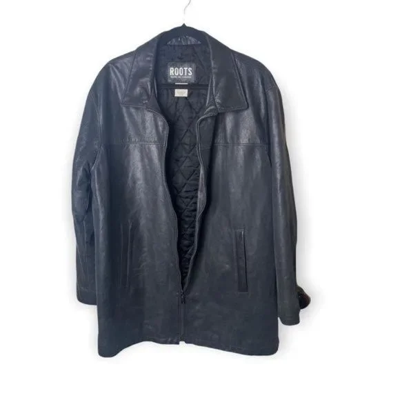 Roots “Richard” Leather Car Coat Vintage Black Treated size L Zip Front Y